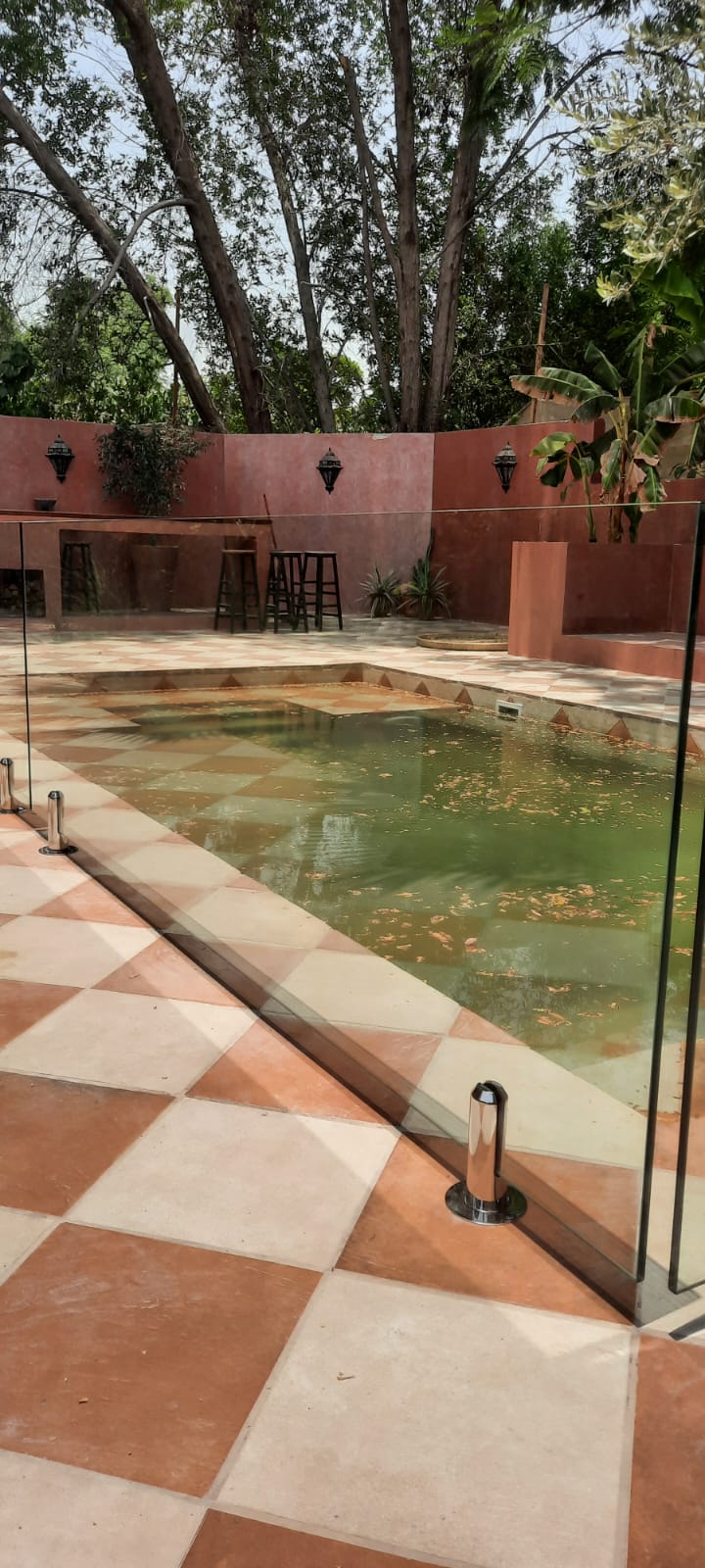 Frameless glass pool fence around a courtyard pool