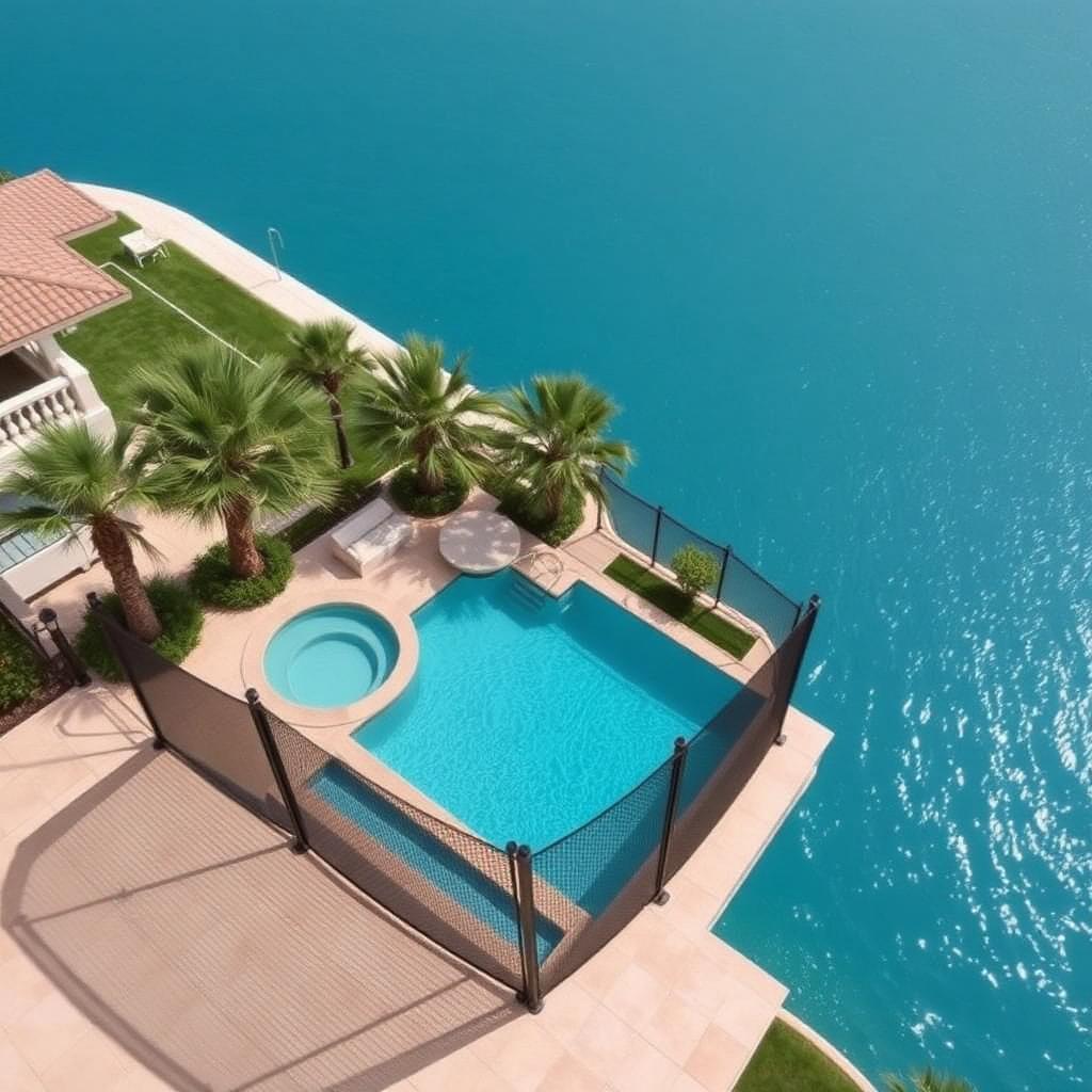 Mesh pool safety fence at a Palm Jumeirah villa