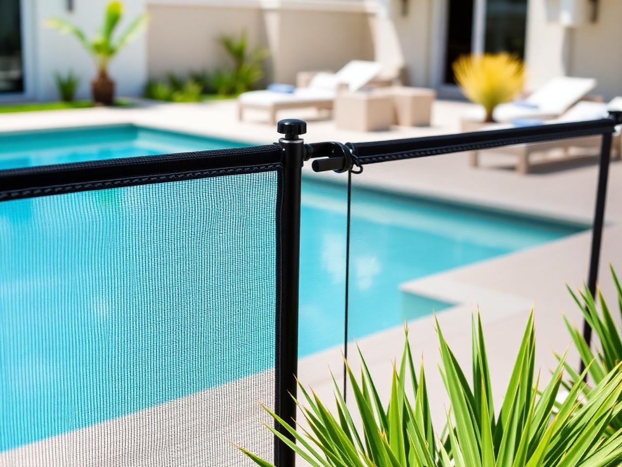 Removable mesh pool safety fence around a Dubai villa pool